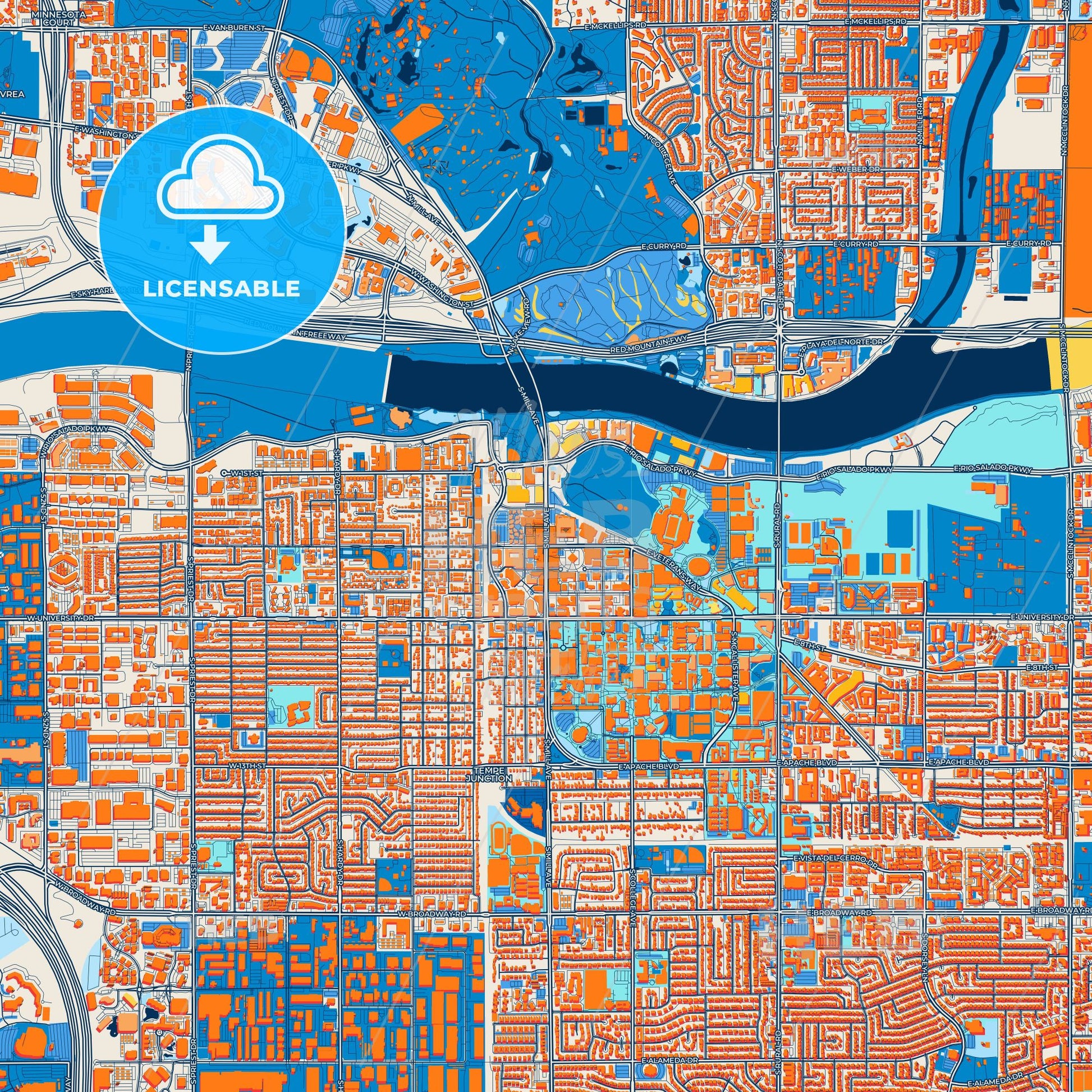 Colorful Tempe Street Map with Labels and Buildings