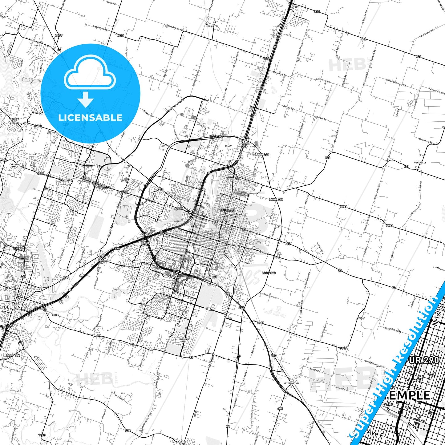 Temple, Texas light map with streetnames, citynames and districts