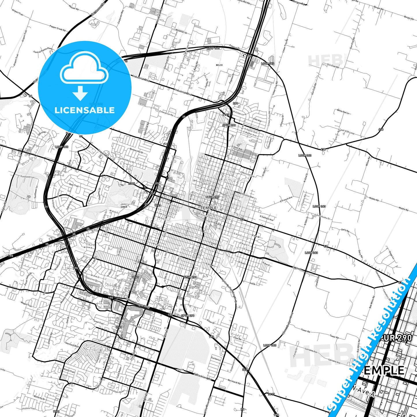Temple, Texas Light Map with Street Names, City Names, and Districts