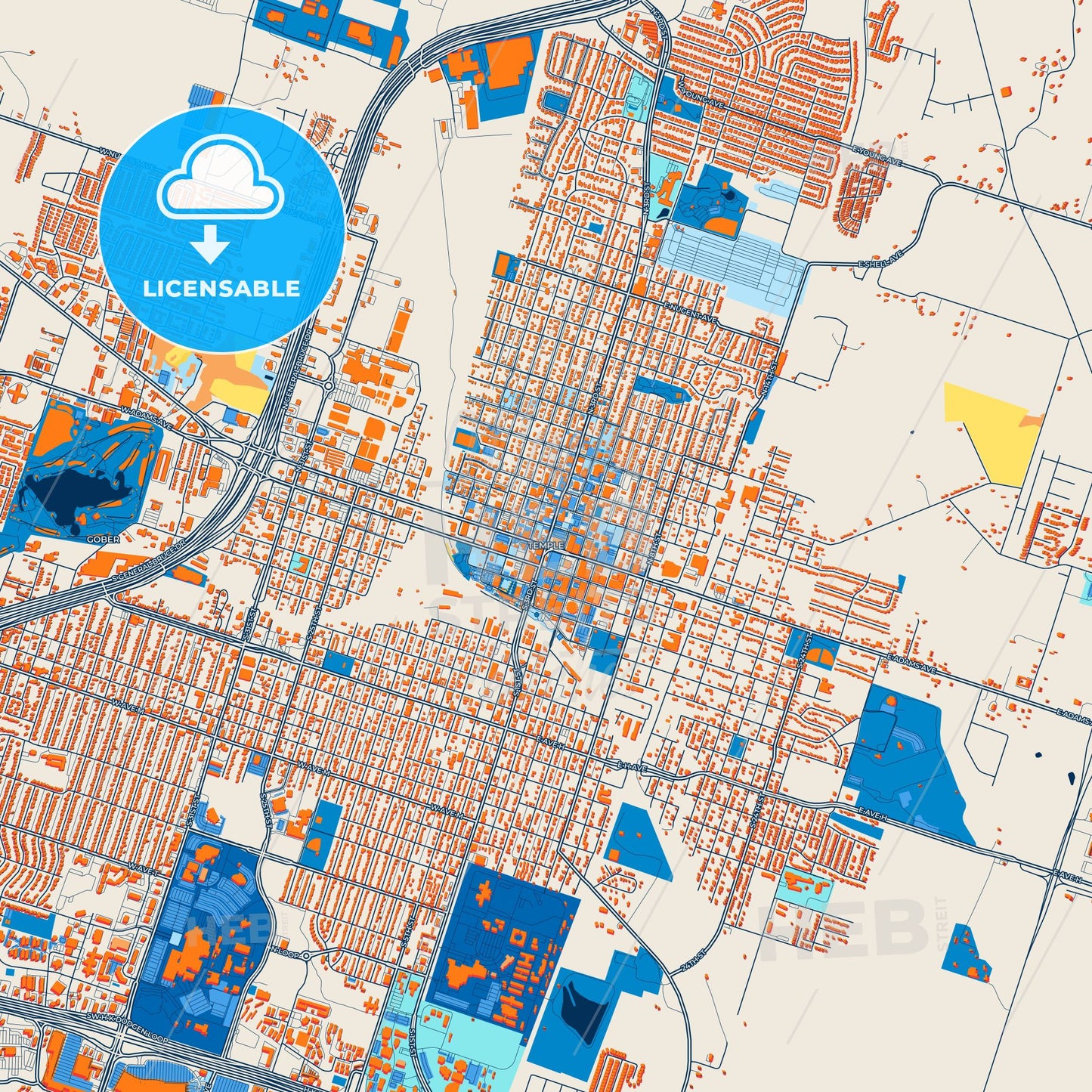 Colorful Temple Street Map with Labels and Buildings