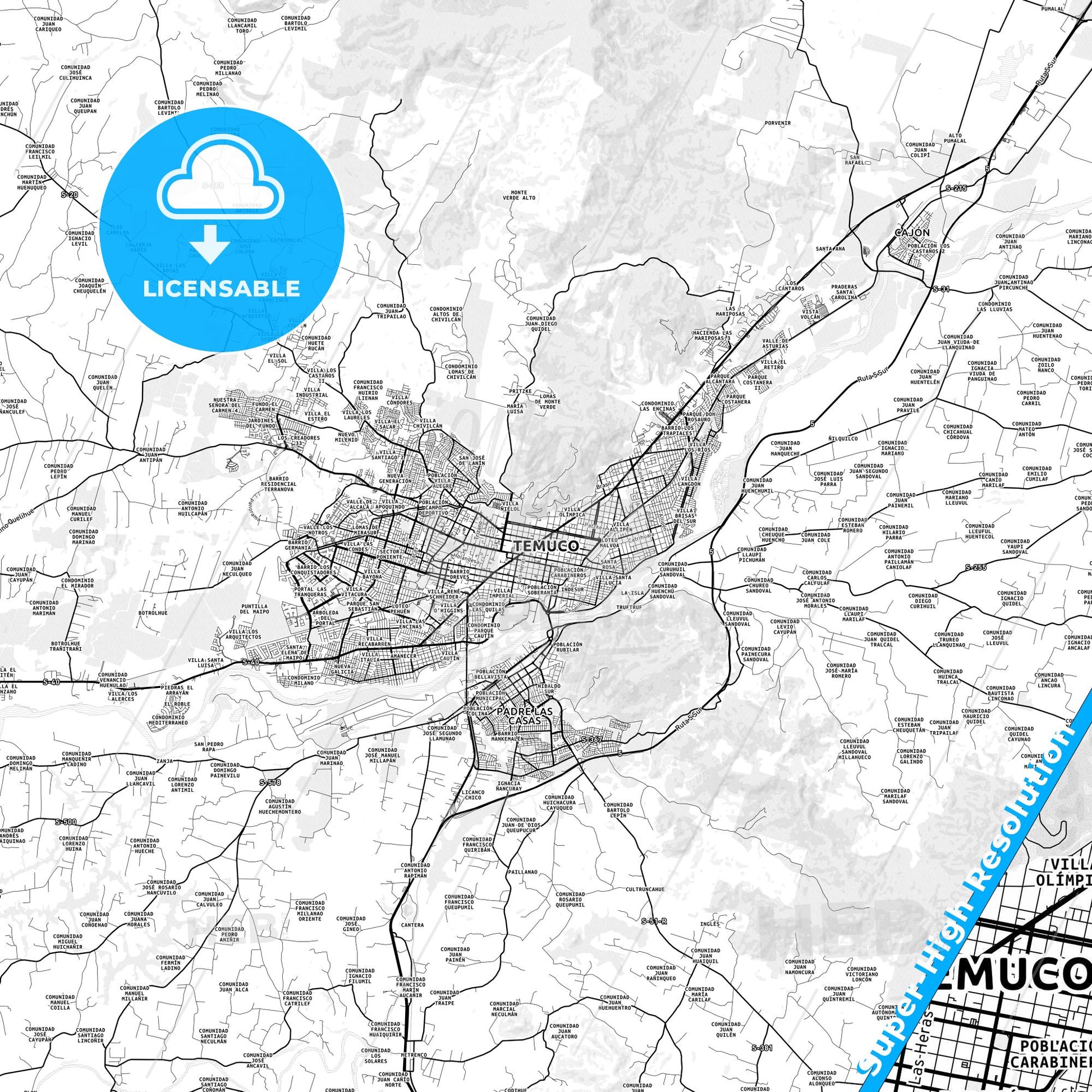 Temuco, Chile light map with streetnames, citynames and districts