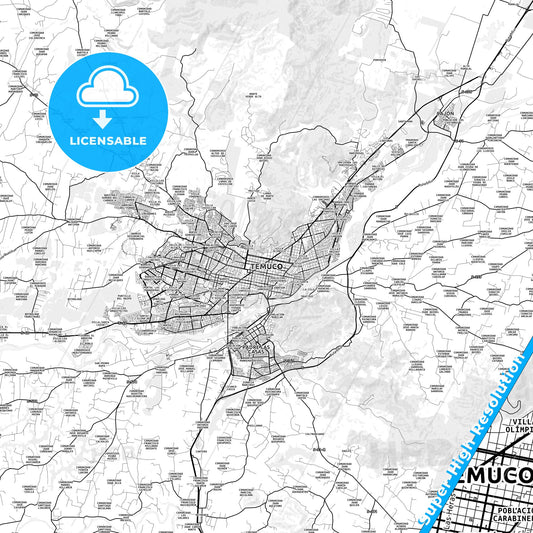 Temuco, Chile light map with streetnames, citynames and districts