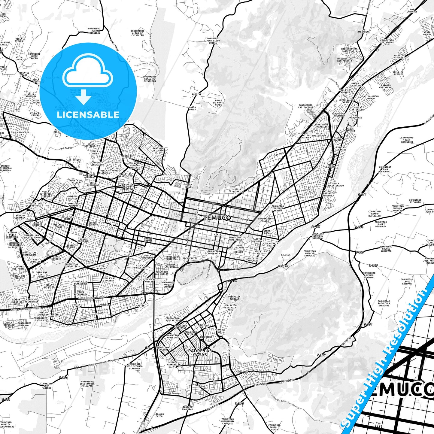 Temuco, Chile Light Map with Street Names, City Names, and Districts