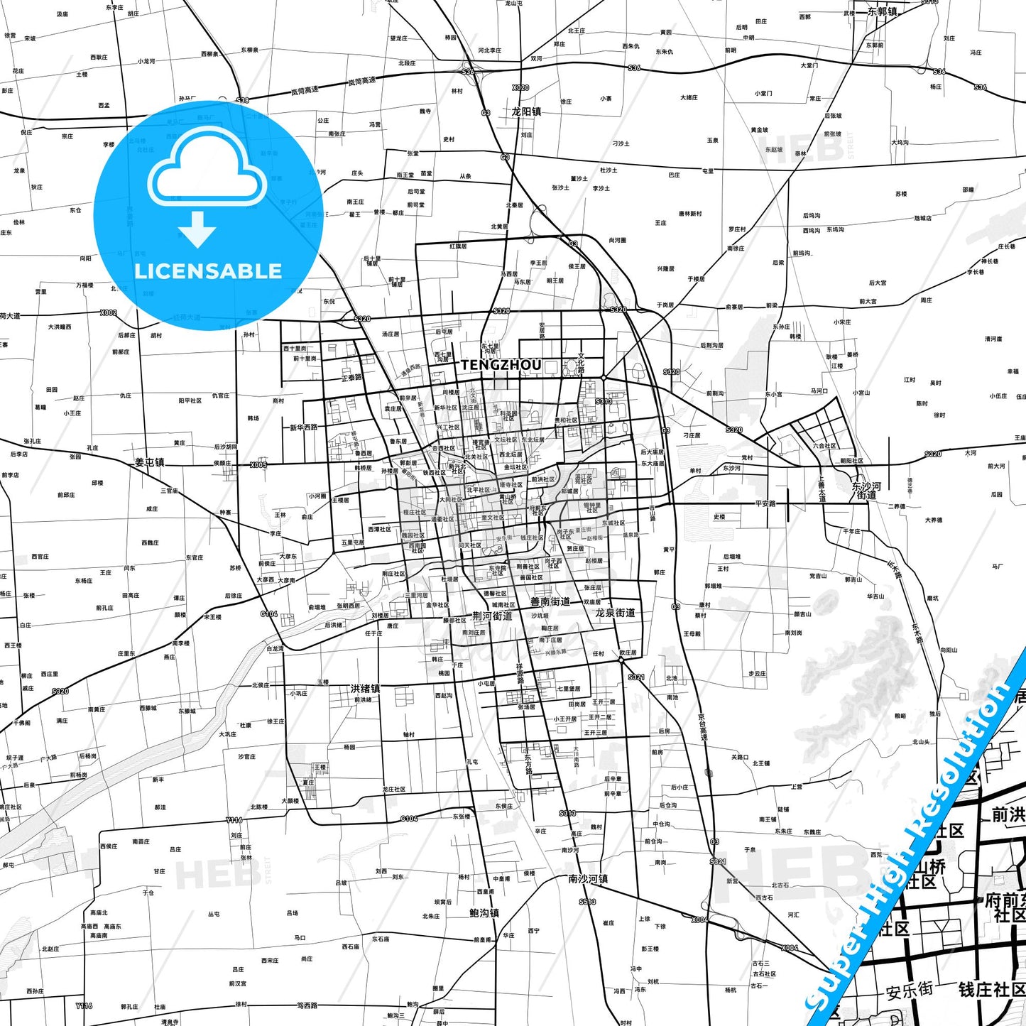 Tengzhou, China light map with streetnames, citynames and districts