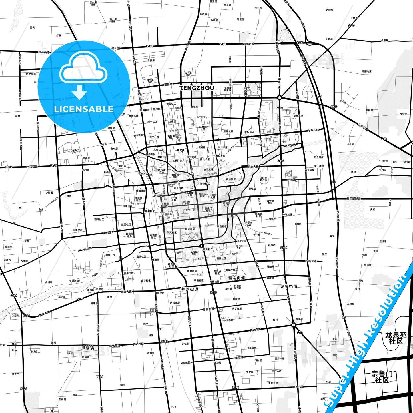 Tengzhou, China Light Map with Street Names, City Names, and Districts