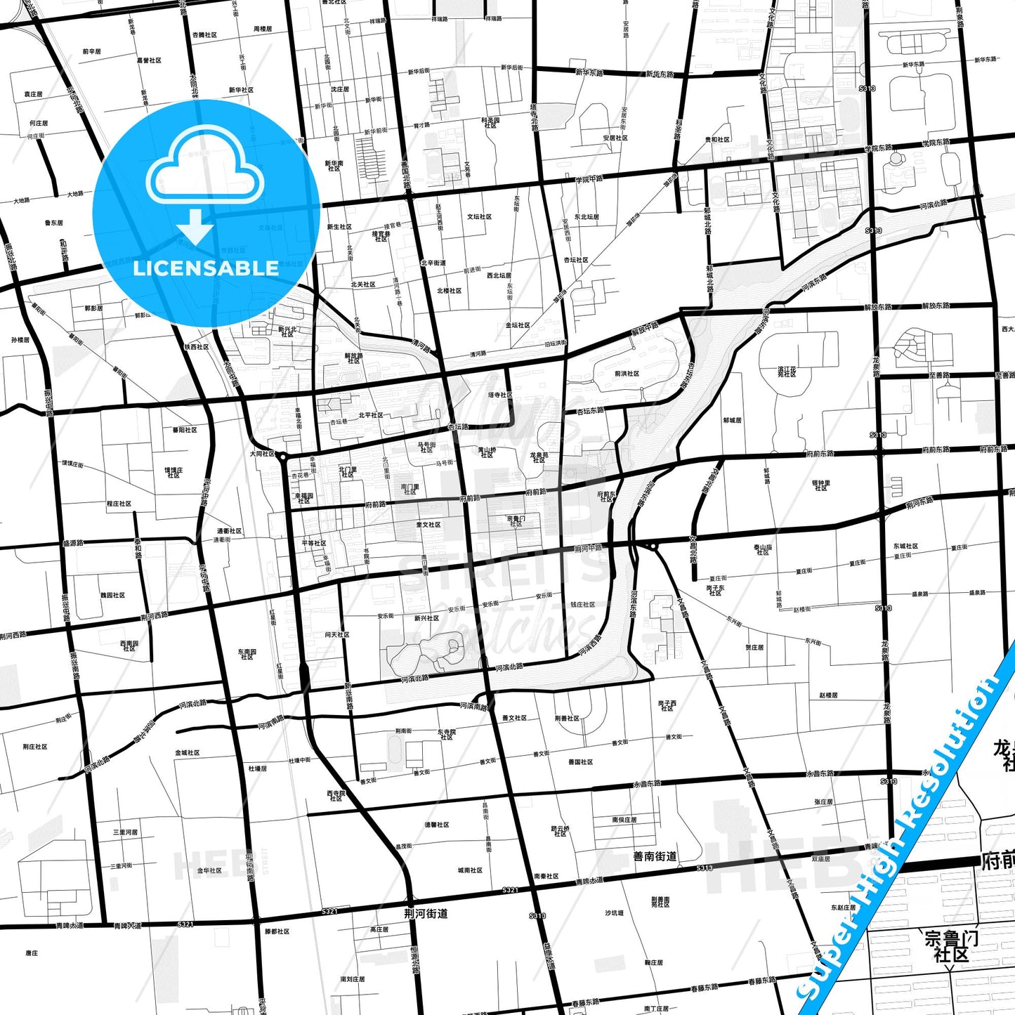 Tengzhou, China Light Map with Street Names, City Names, and Districts