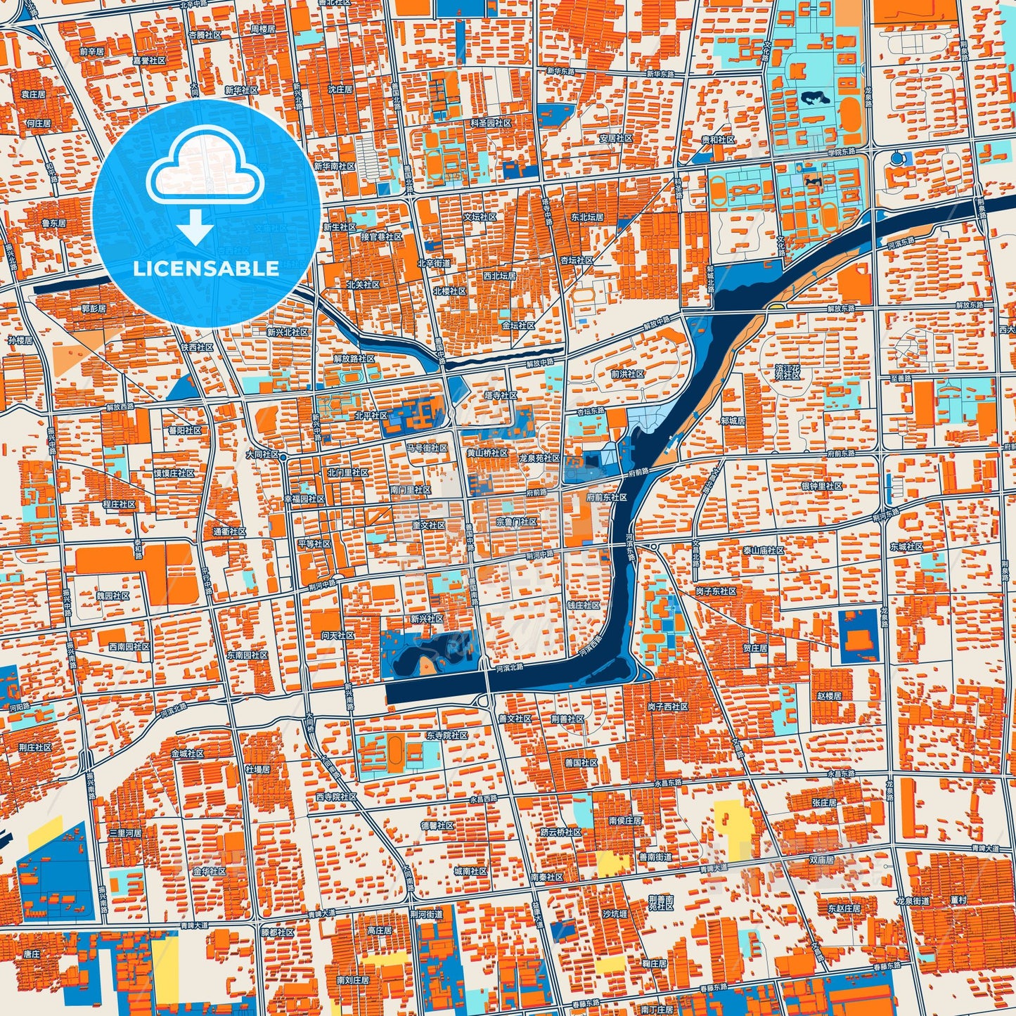 Colorful Tengzhou Street Map with Labels and Buildings