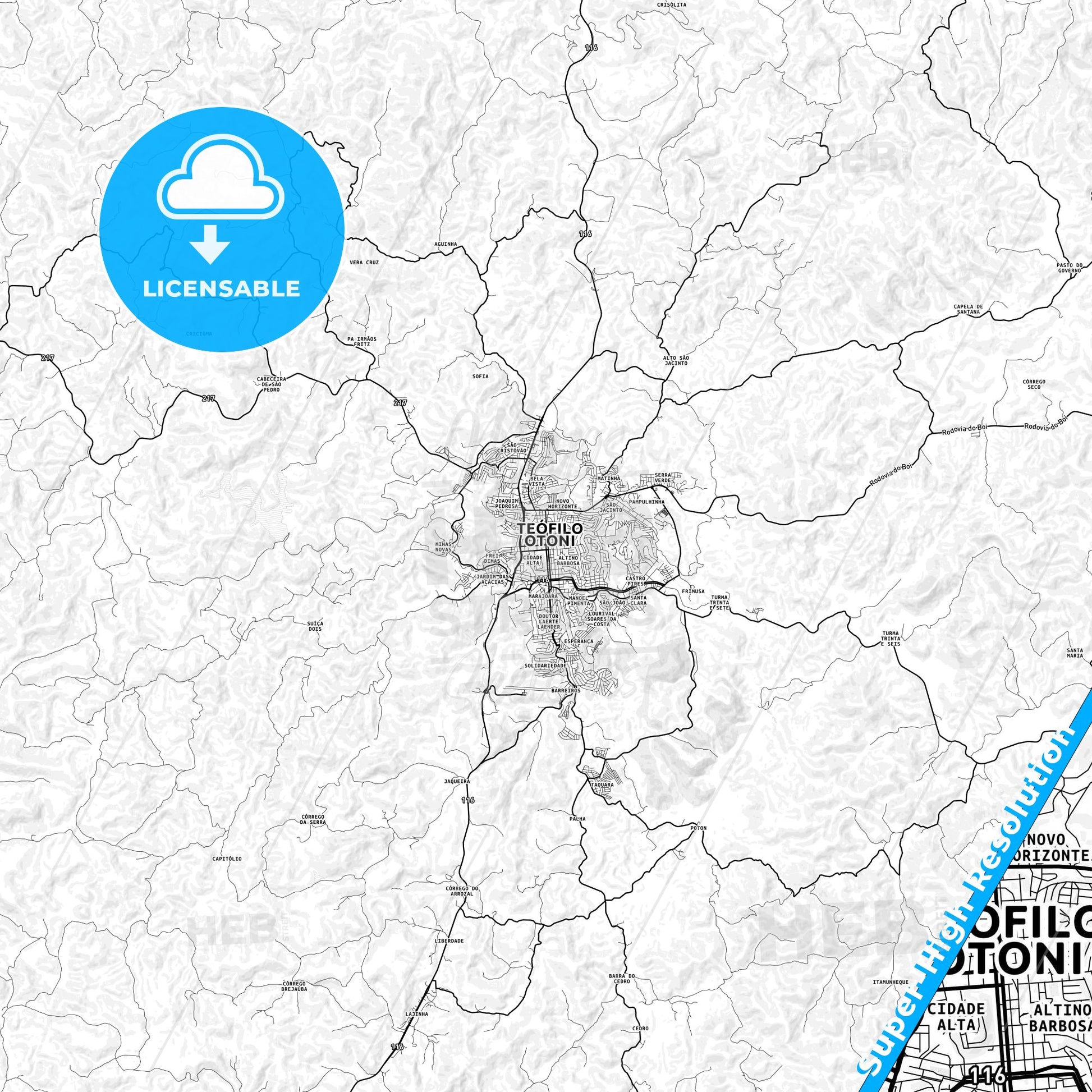Teofilo Otoni, Brazil light map with streetnames, citynames and districts