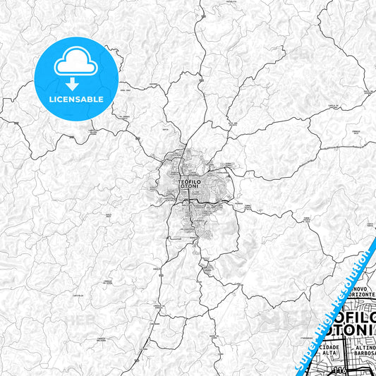 Teofilo Otoni, Brazil light map with streetnames, citynames and districts