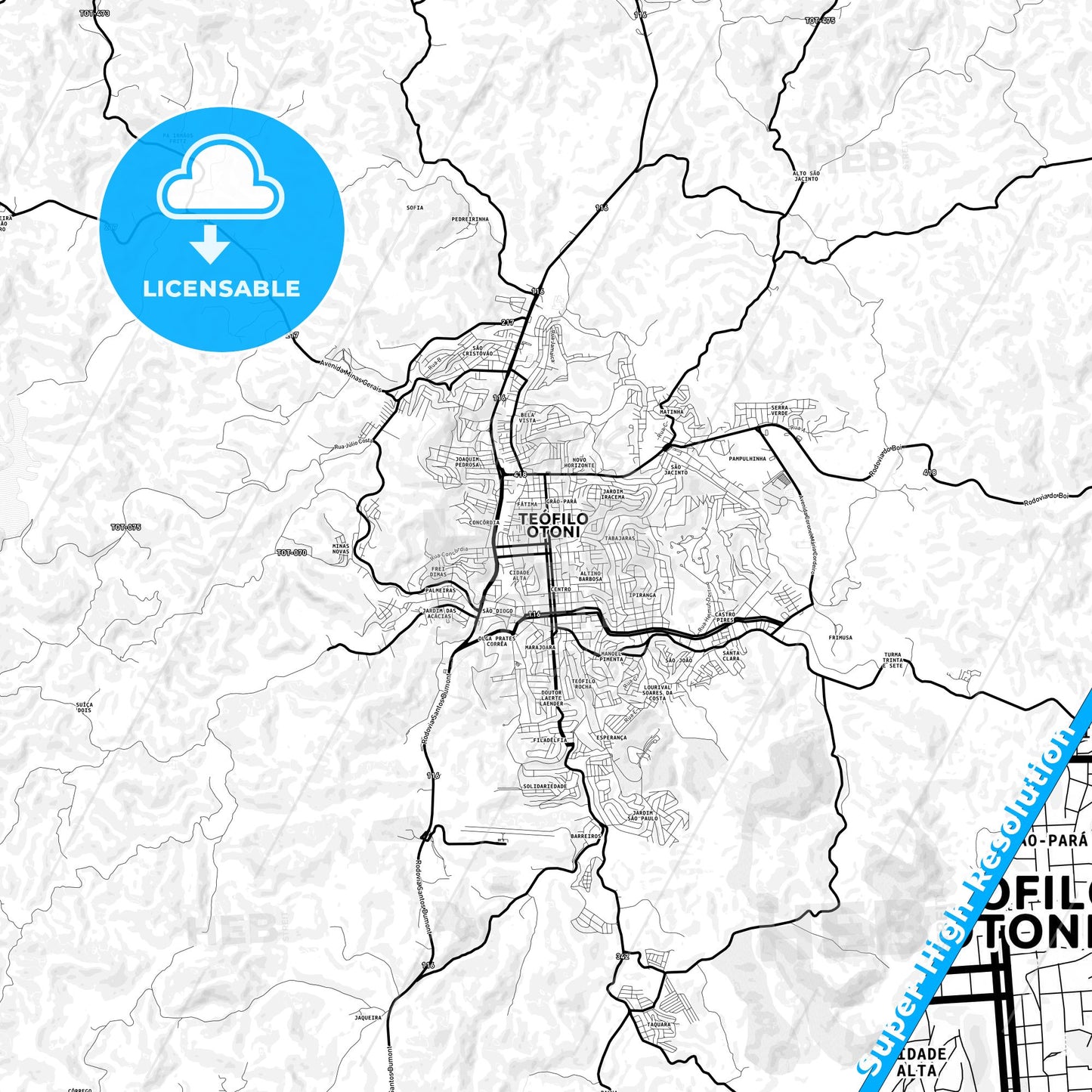 Teofilo Otoni, Brazil Light Map with Street Names, City Names, and Districts