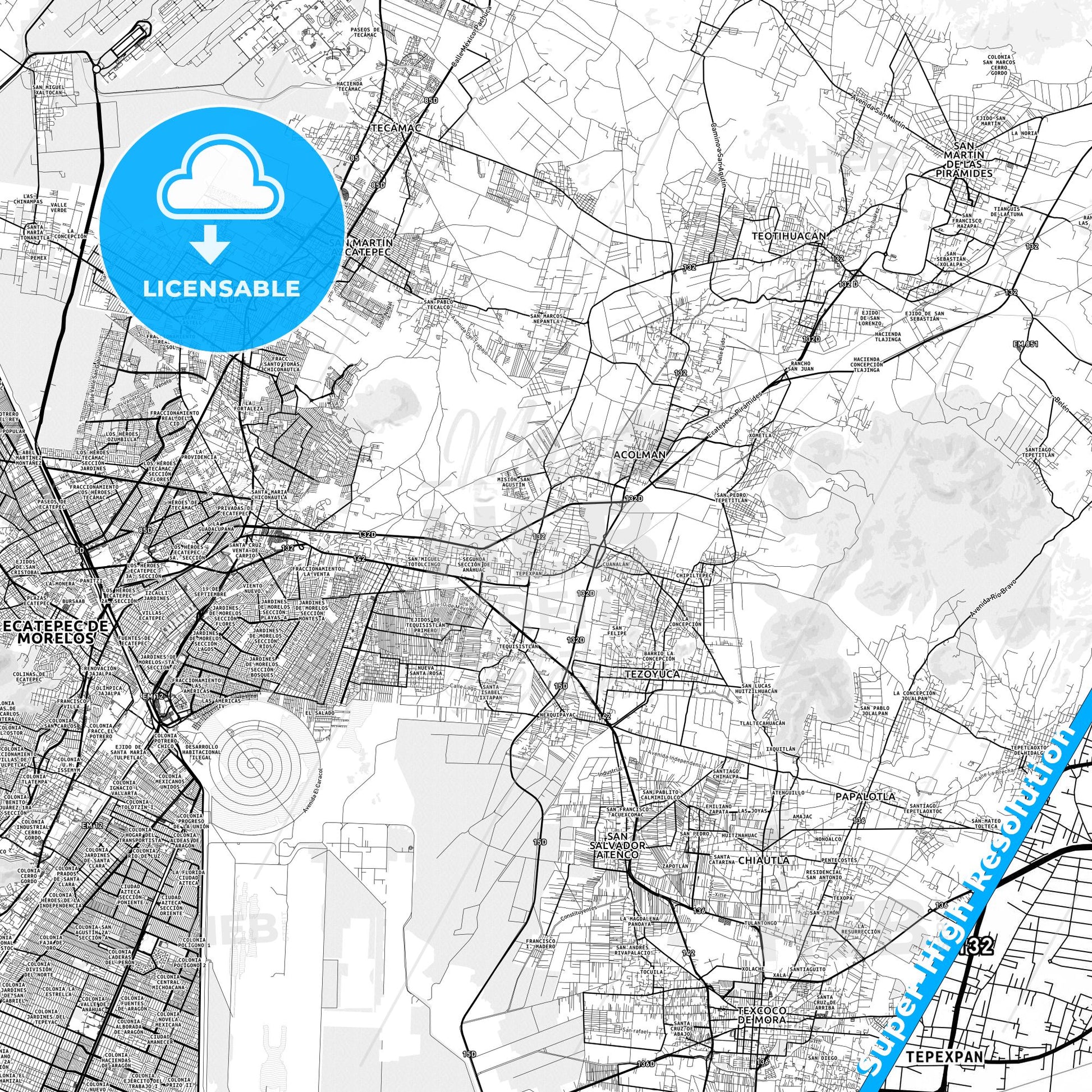 Tepexpan, Mexico light map with streetnames, citynames and districts