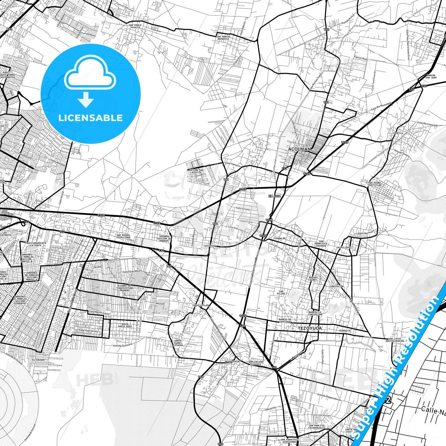 Tepexpan, Mexico Light Map with Street Names, City Names, and Districts