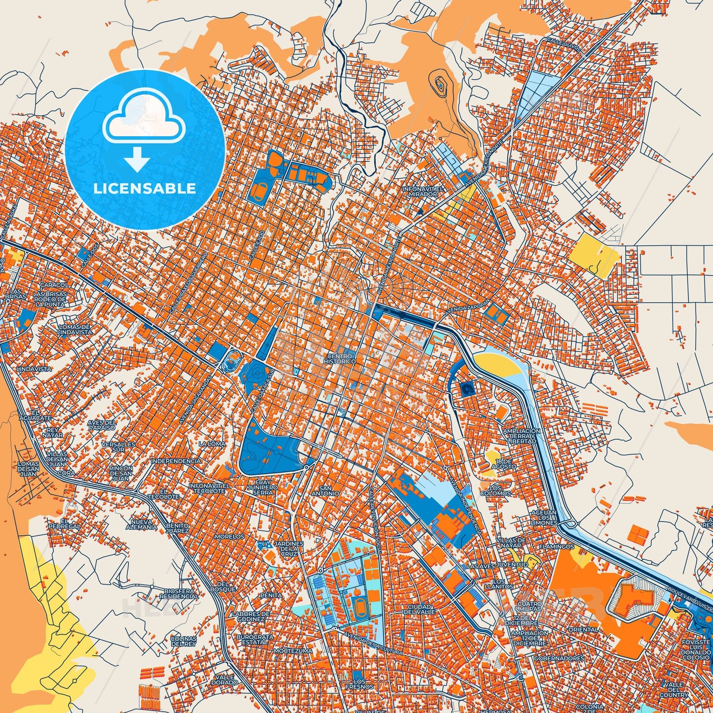 Colorful Tepic Street Map with Labels and Buildings
