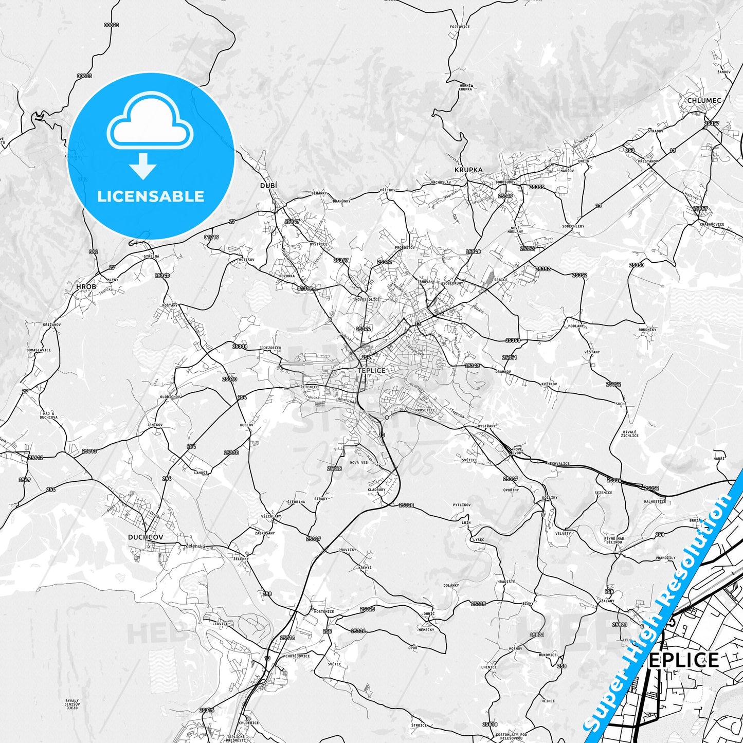 Teplice, Czechia light map with streetnames, citynames and districts