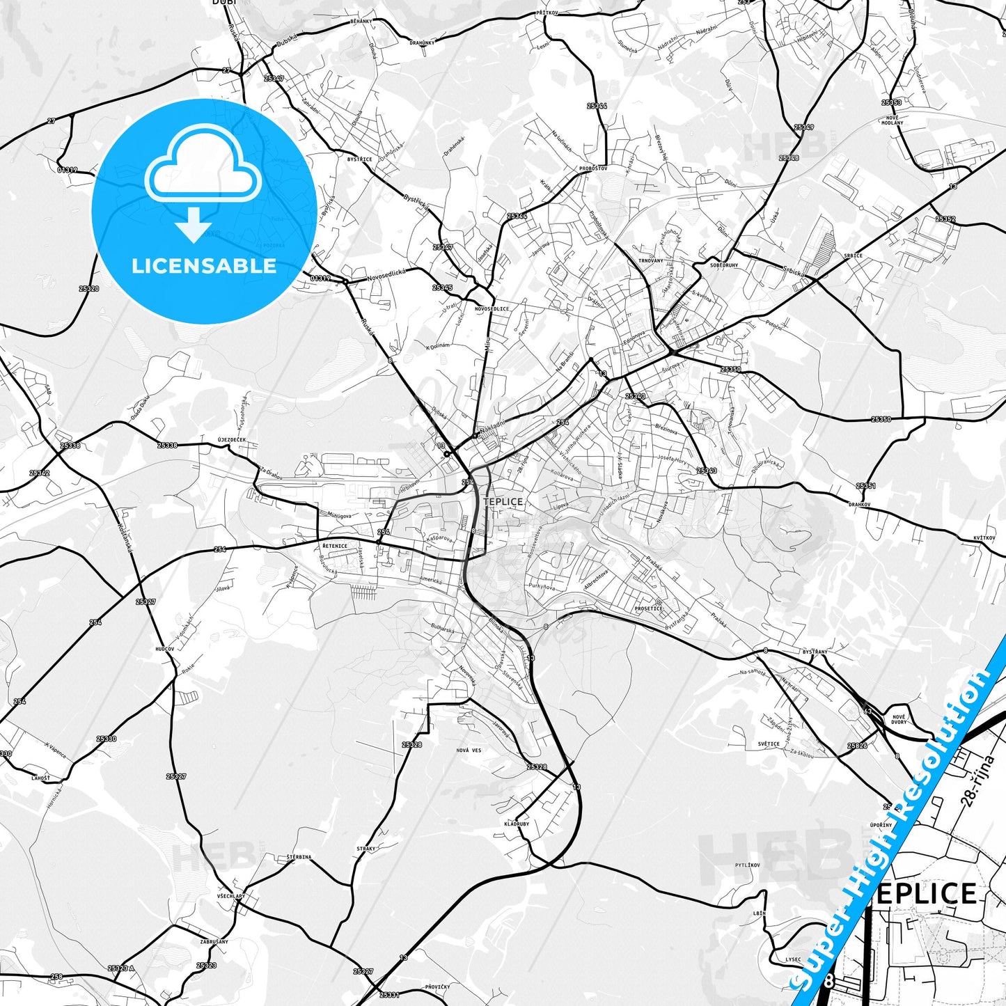 Teplice, Czechia Light Map with Street Names, City Names, and Districts