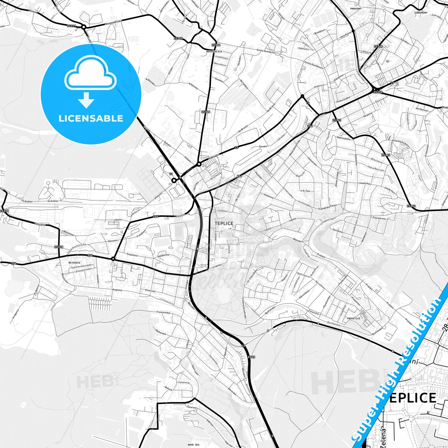 Teplice, Czechia Light Map with Street Names, City Names, and Districts