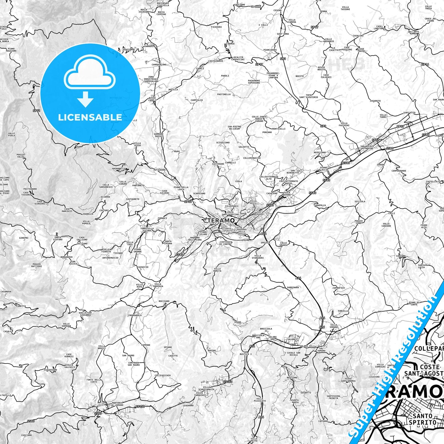 Teramo, Italy light map with streetnames, citynames and districts