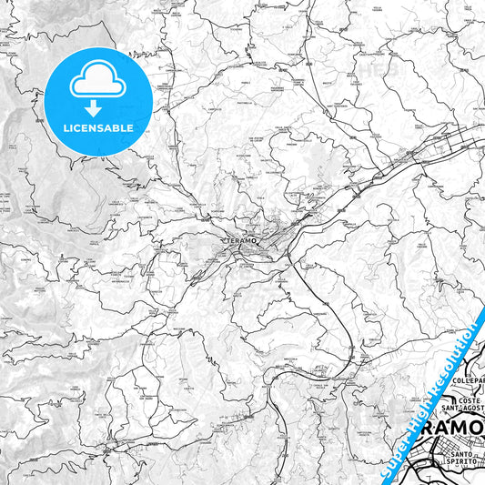 Teramo, Italy light map with streetnames, citynames and districts