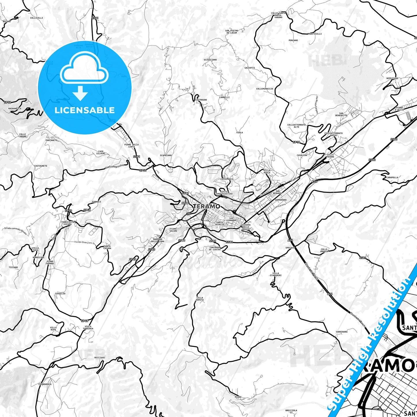 Teramo, Italy Light Map with Street Names, City Names, and Districts