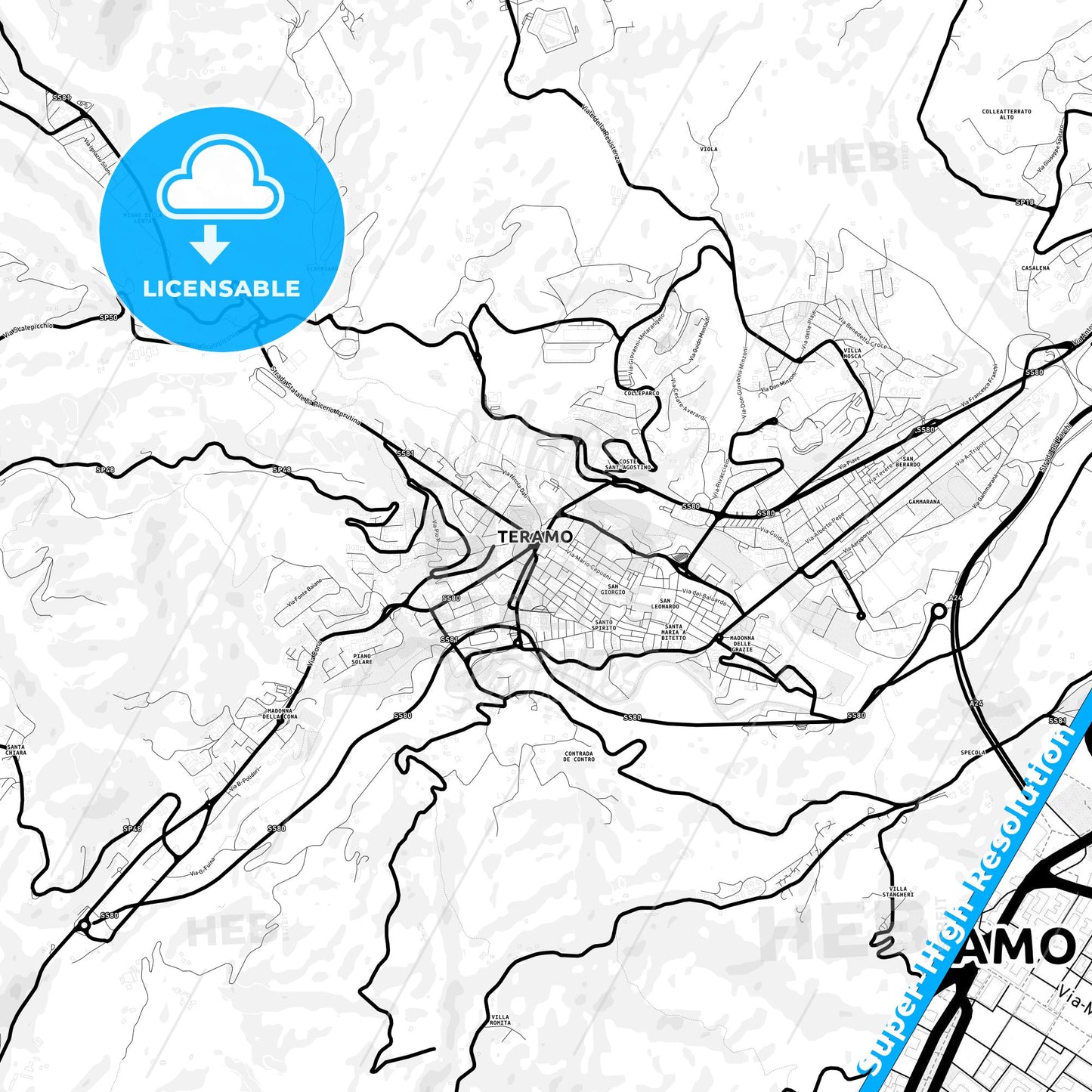 Teramo, Italy Light Map with Street Names, City Names, and Districts