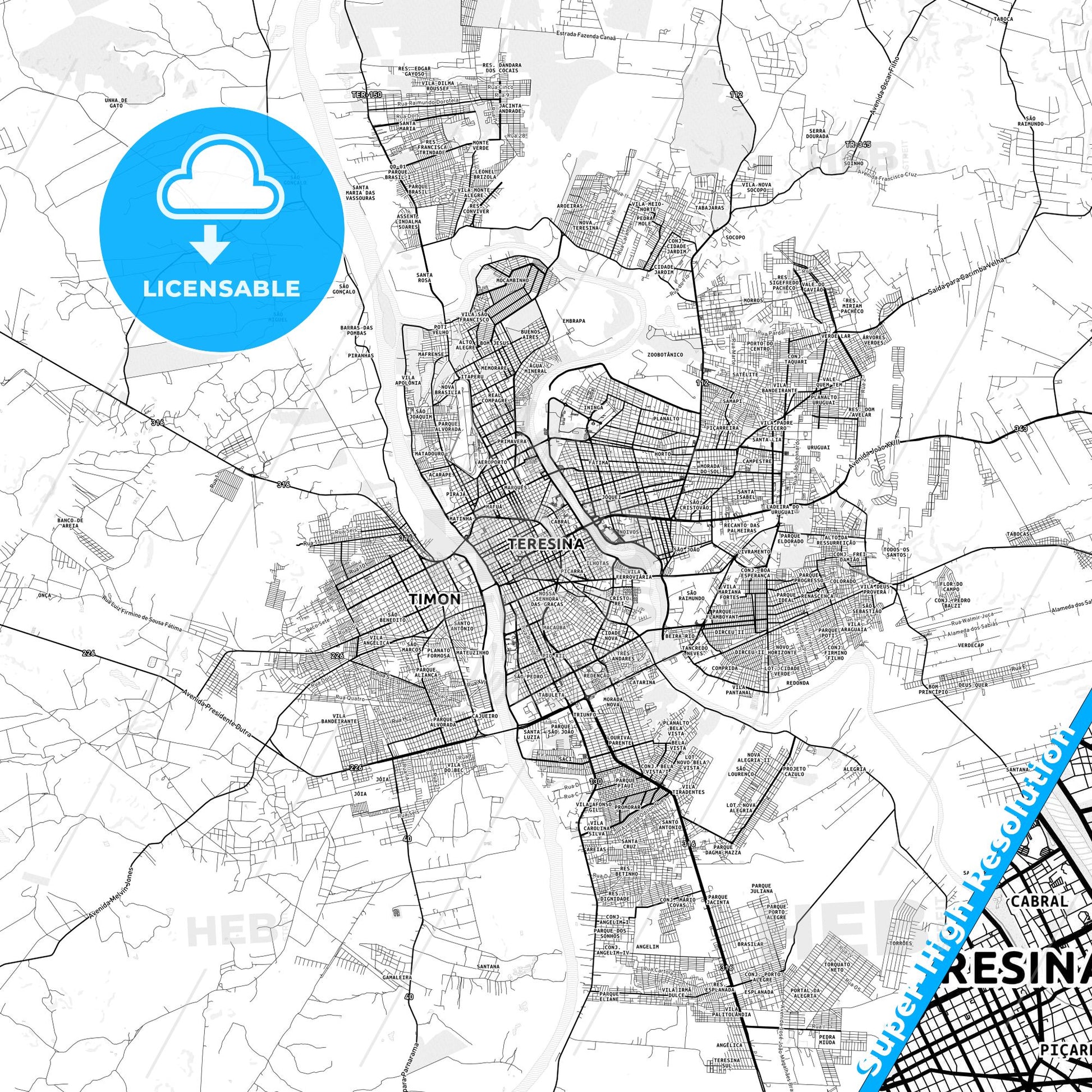 Teresina, Brazil light map with streetnames, citynames and districts