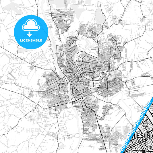 Teresina, Brazil light map with streetnames, citynames and districts