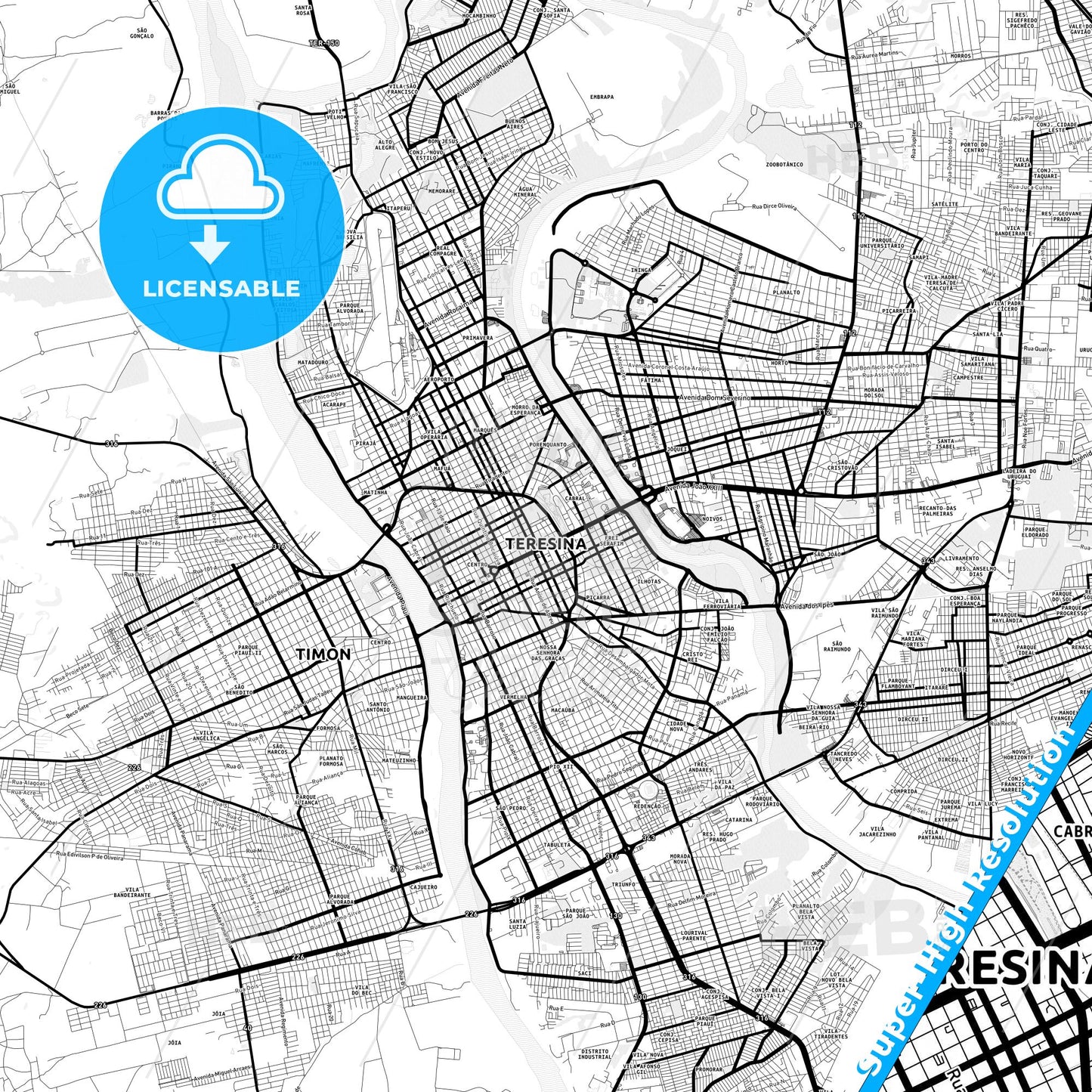 Teresina, Brazil Light Map with Street Names, City Names, and Districts