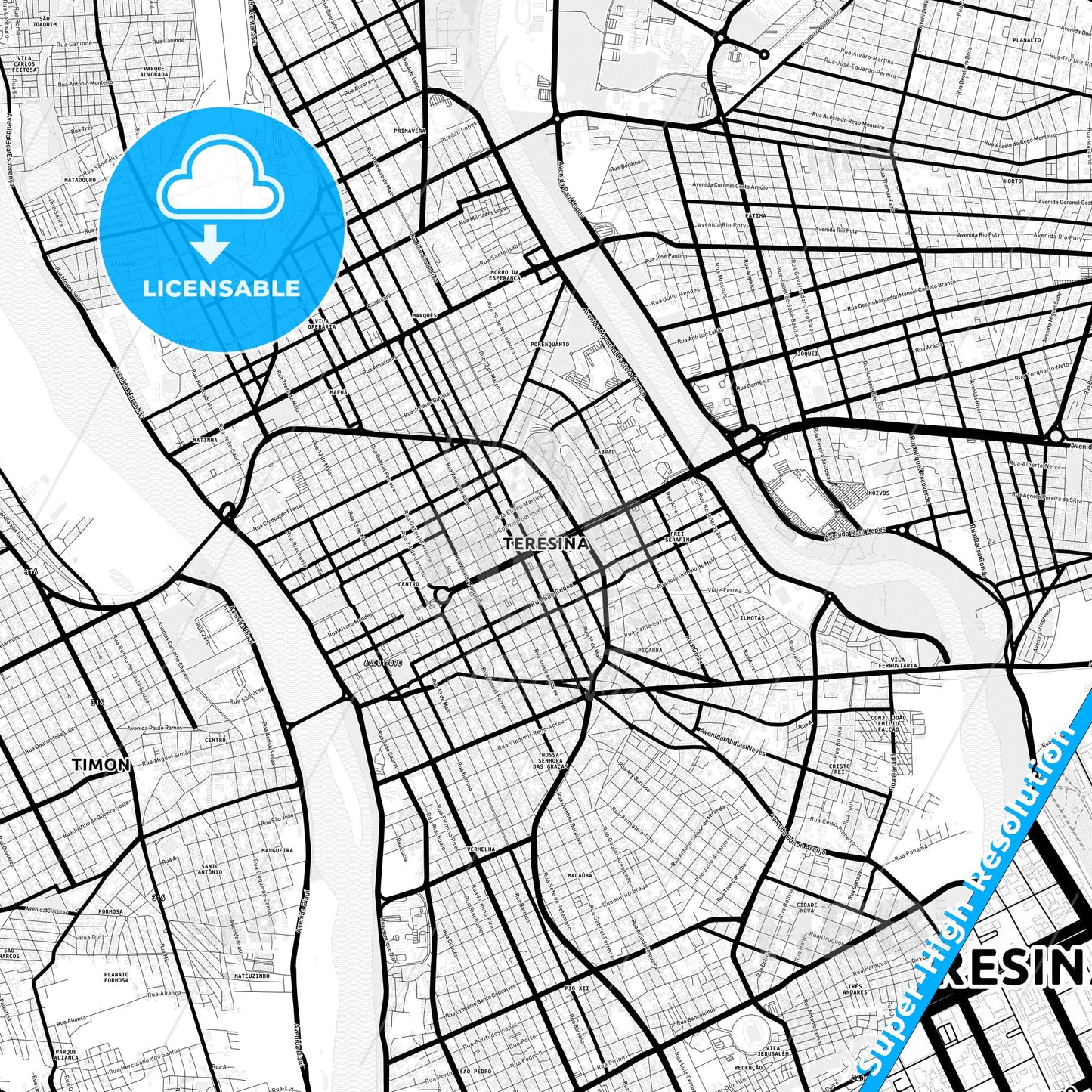 Teresina, Brazil Light Map with Street Names, City Names, and Districts