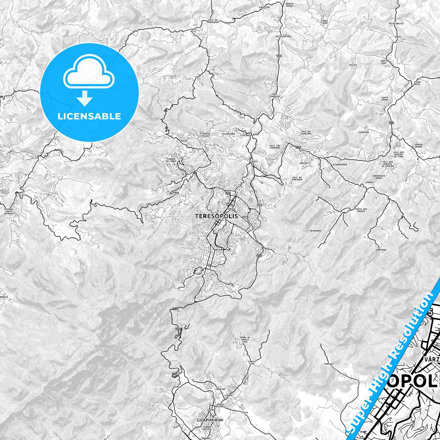 Teresopolis, Brazil light map with streetnames, citynames and districts