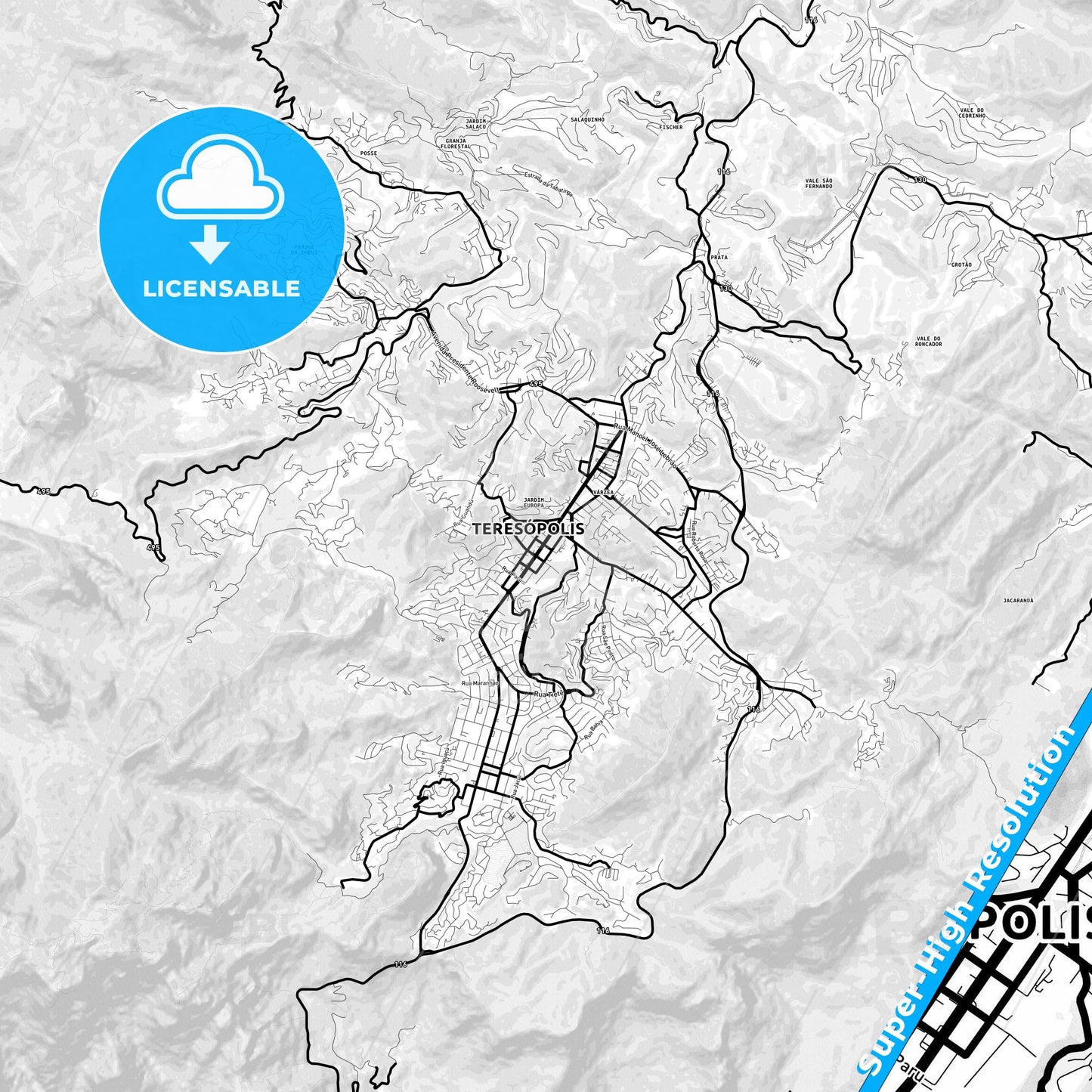 Teresopolis, Brazil Light Map with Street Names, City Names, and Districts