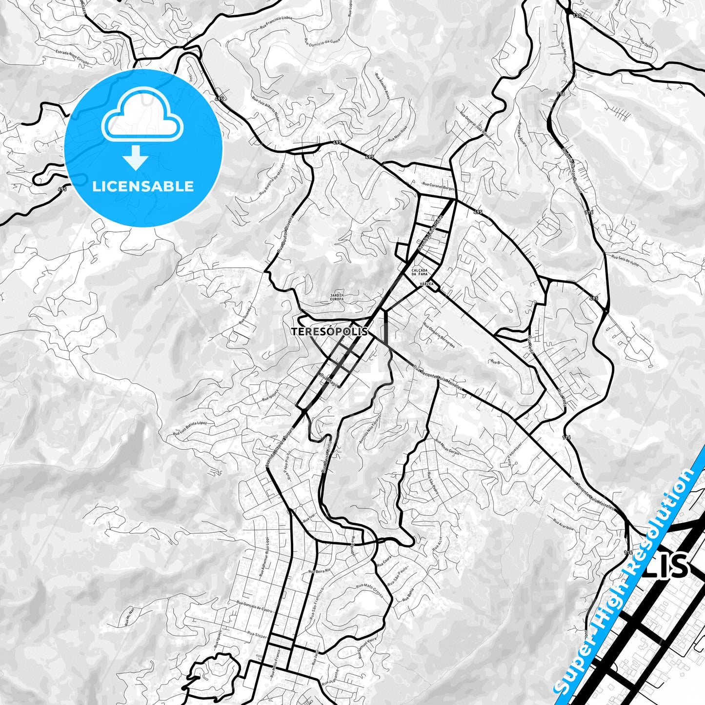 Teresopolis, Brazil Light Map with Street Names, City Names, and Districts