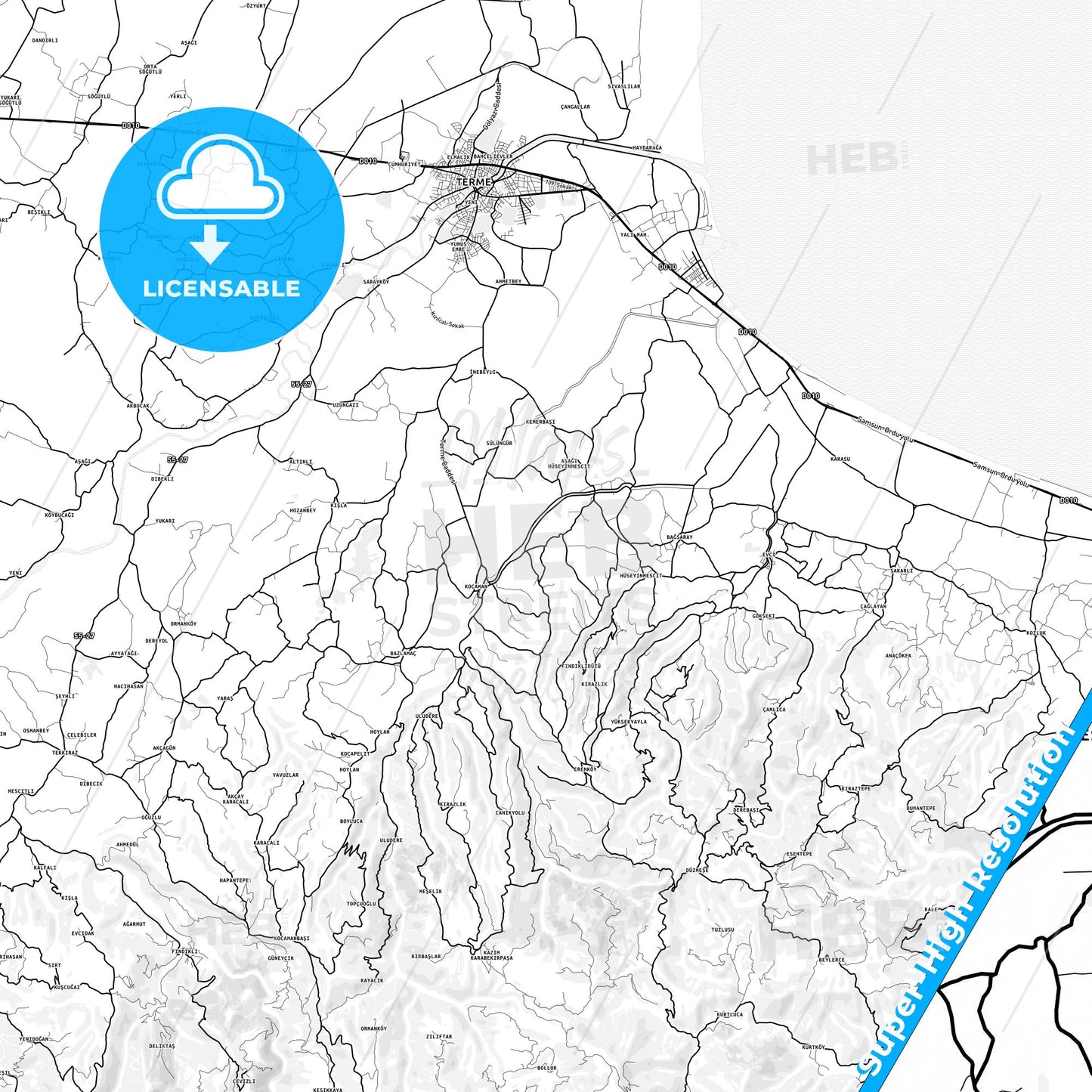 Terme, Turkey light map with streetnames, citynames and districts