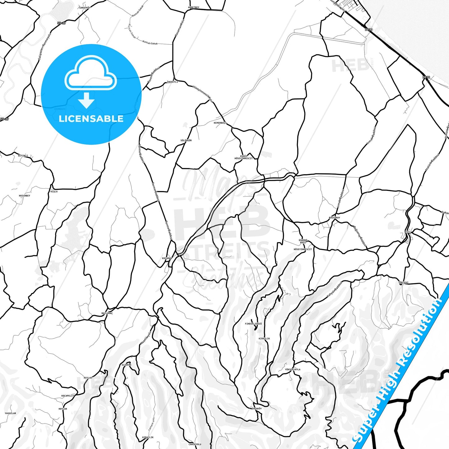 Terme, Turkey Light Map with Street Names, City Names, and Districts