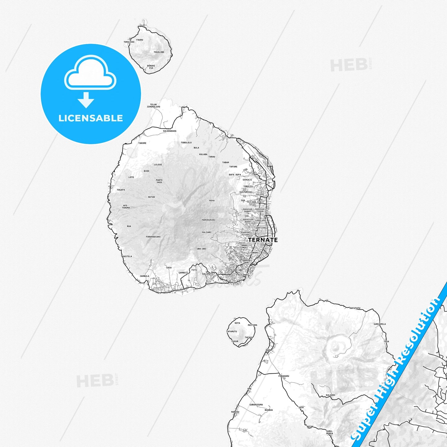 Ternate, Indonesia light map with streetnames, citynames and districts