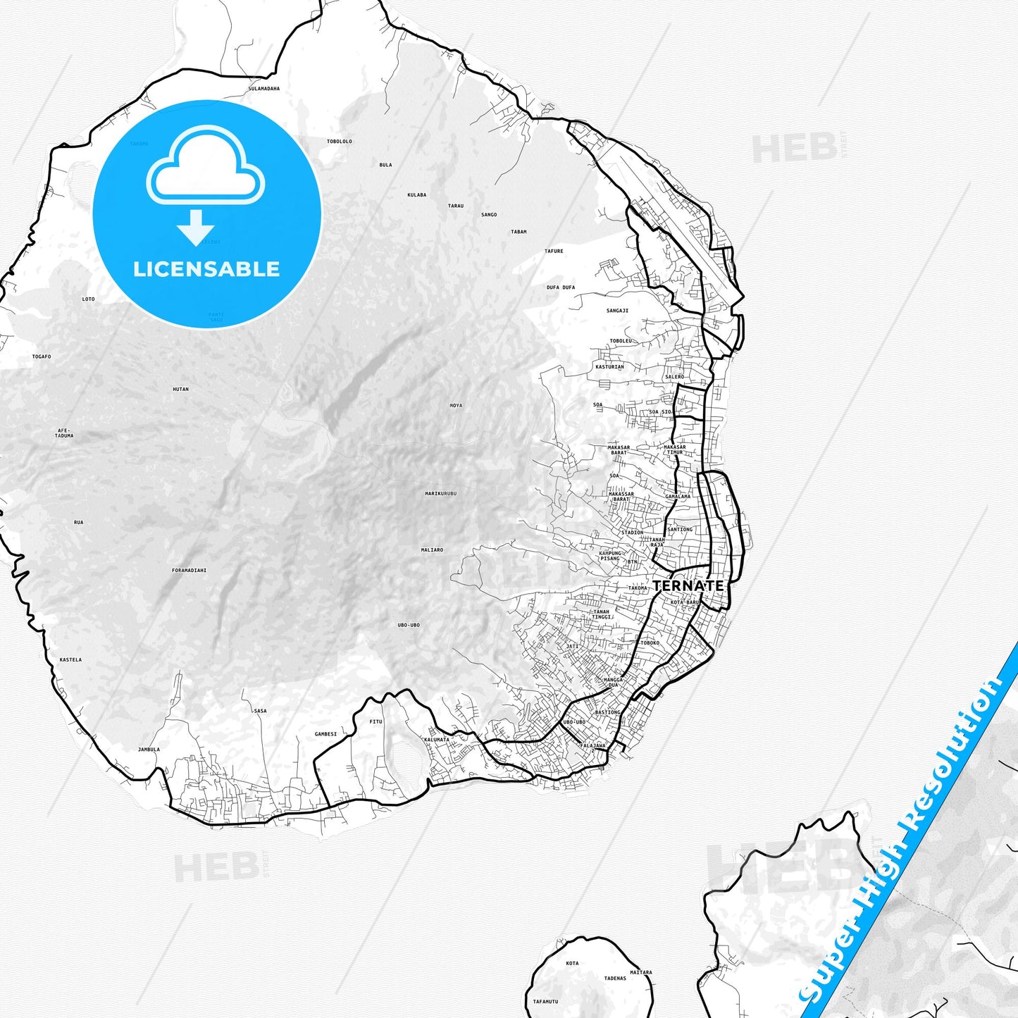 Ternate, Indonesia Light Map with Street Names, City Names, and Districts