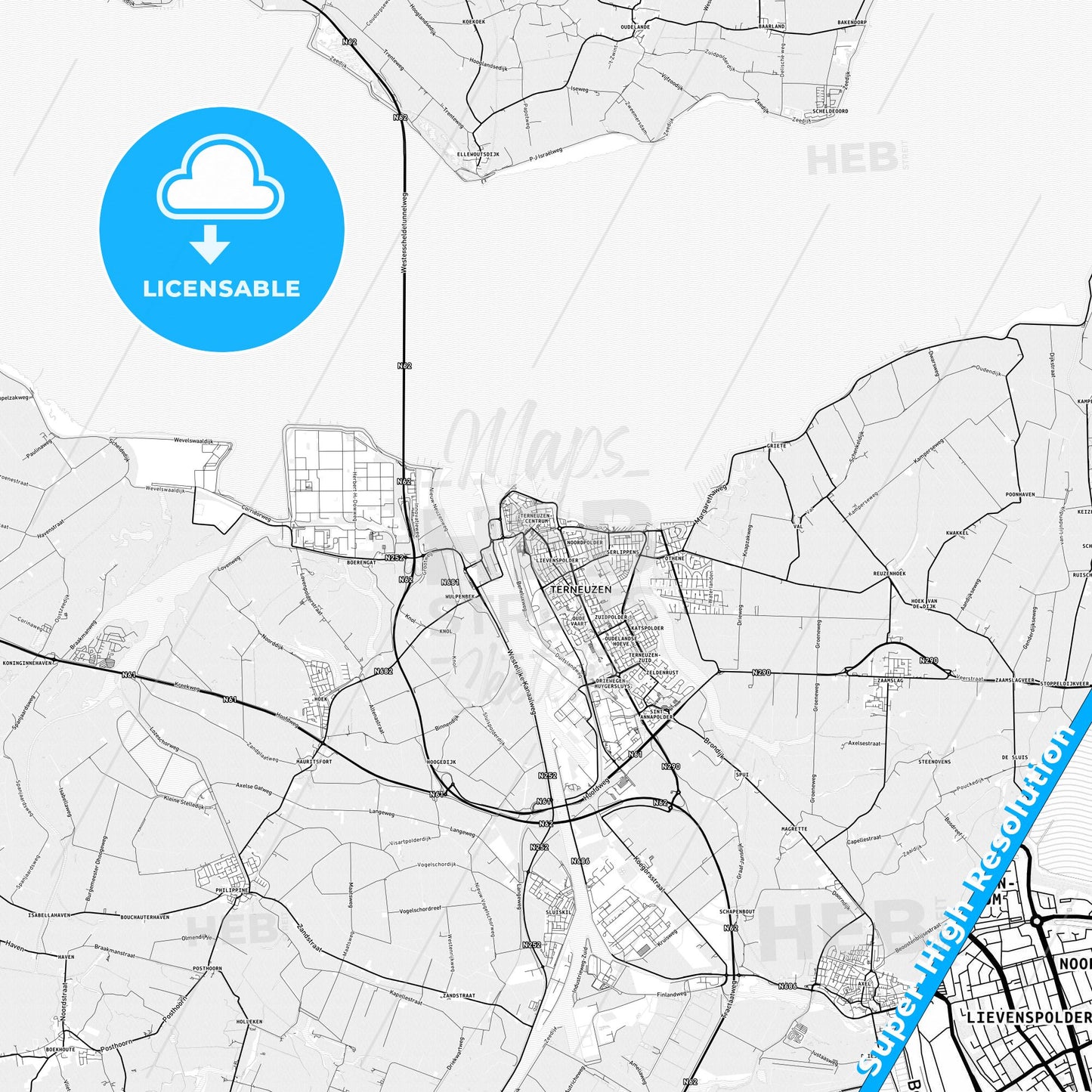 Terneuzen, Netherlands light map with streetnames, citynames and districts