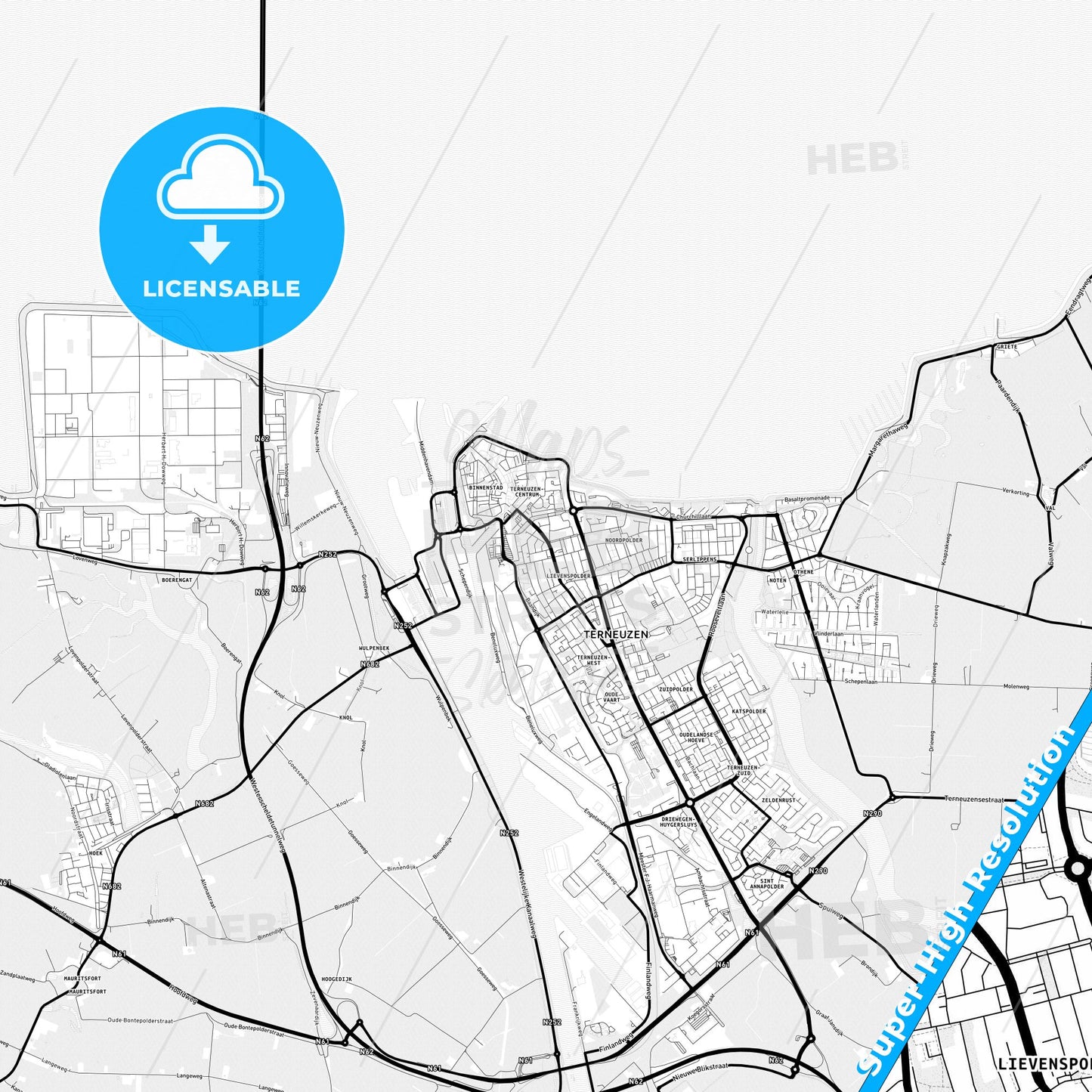 Terneuzen, Netherlands Light Map with Street Names, City Names, and Districts