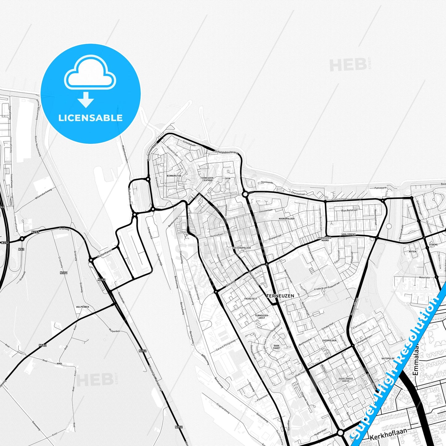 Terneuzen, Netherlands Light Map with Street Names, City Names, and Districts