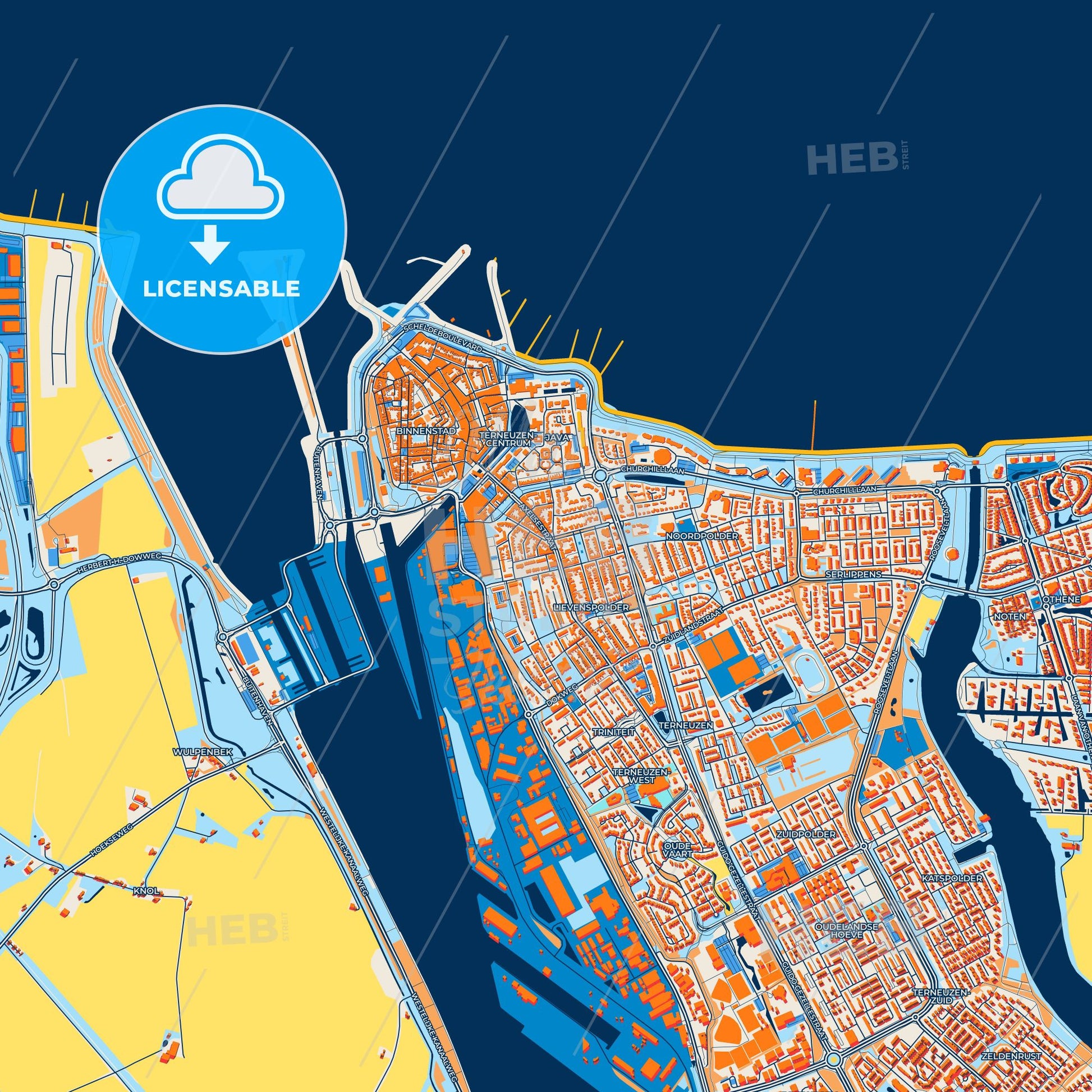Colorful Terneuzen Street Map with Labels and Buildings