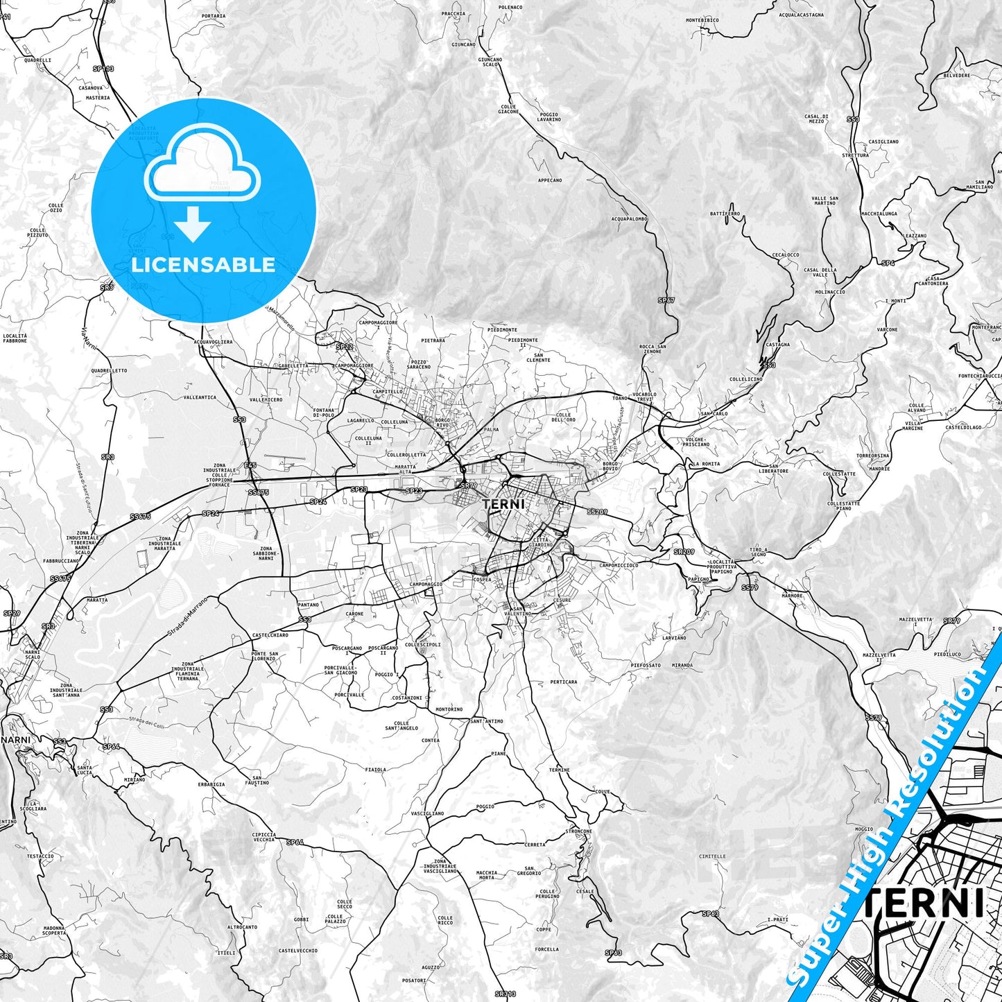 Terni, Italy light map with streetnames, citynames and districts