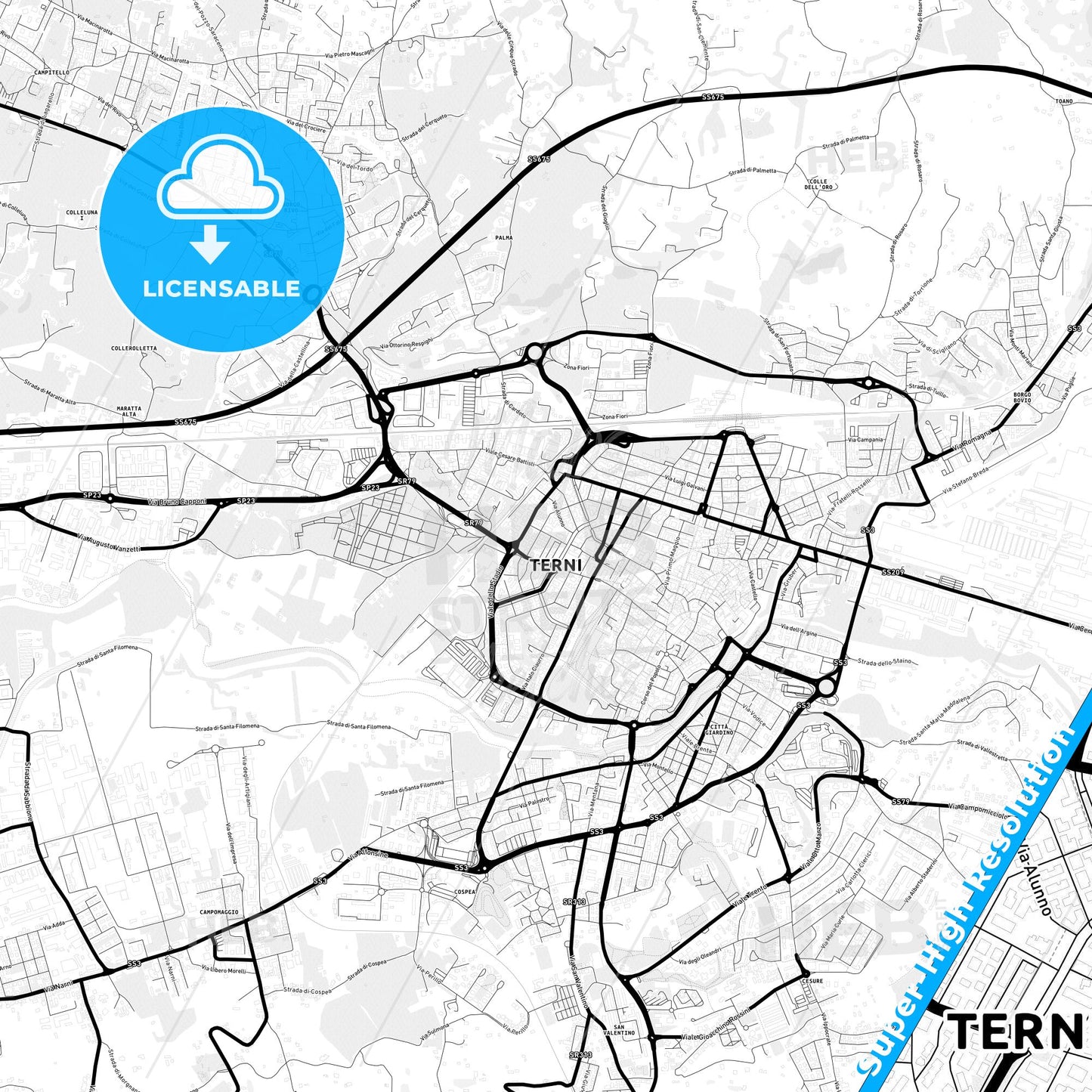 Terni, Italy Light Map with Street Names, City Names, and Districts