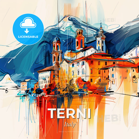 Vibrant Terni, Italy - A Painting Of A Building With A Mountain In The Background - Square format print template