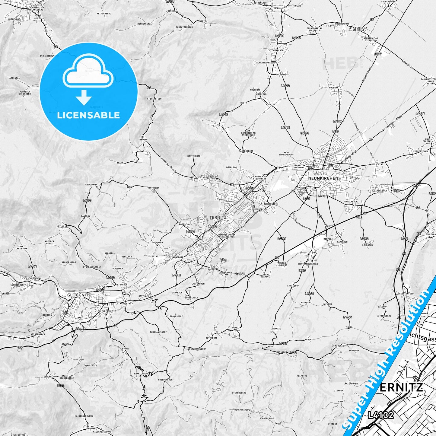 Ternitz, Austria light map with streetnames, citynames and districts
