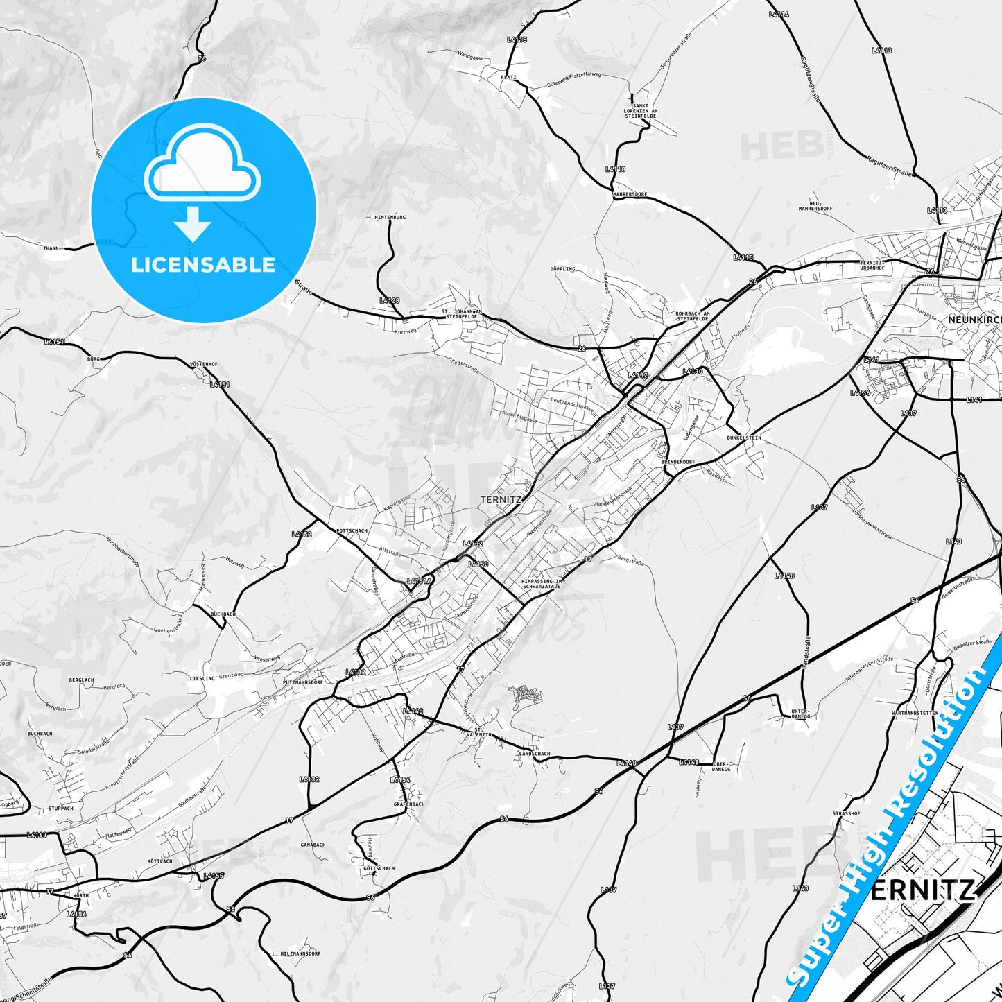 Ternitz, Austria Light Map with Street Names, City Names, and Districts