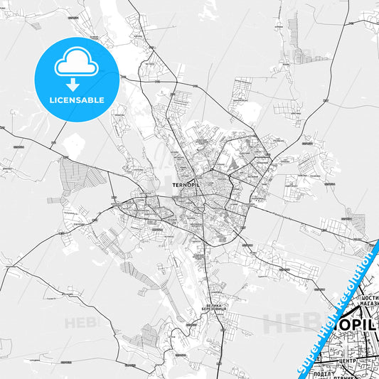 Ternopil, Ukraine light map with streetnames, citynames and districts