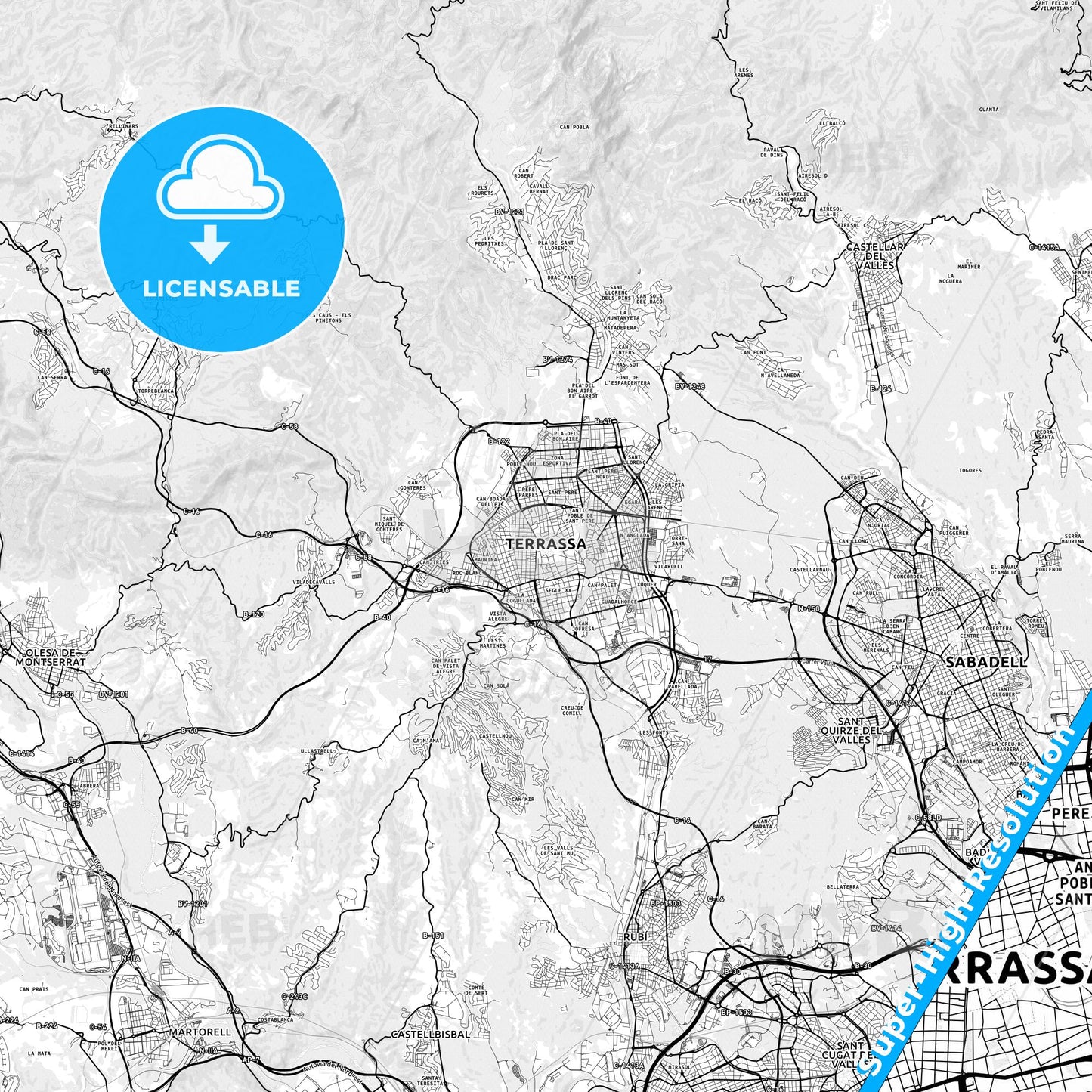 Terrassa, Spain light map with streetnames, citynames and districts