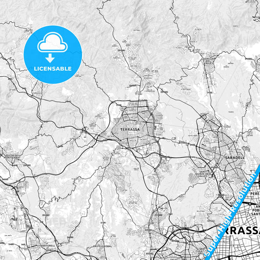 Terrassa, Spain light map with streetnames, citynames and districts