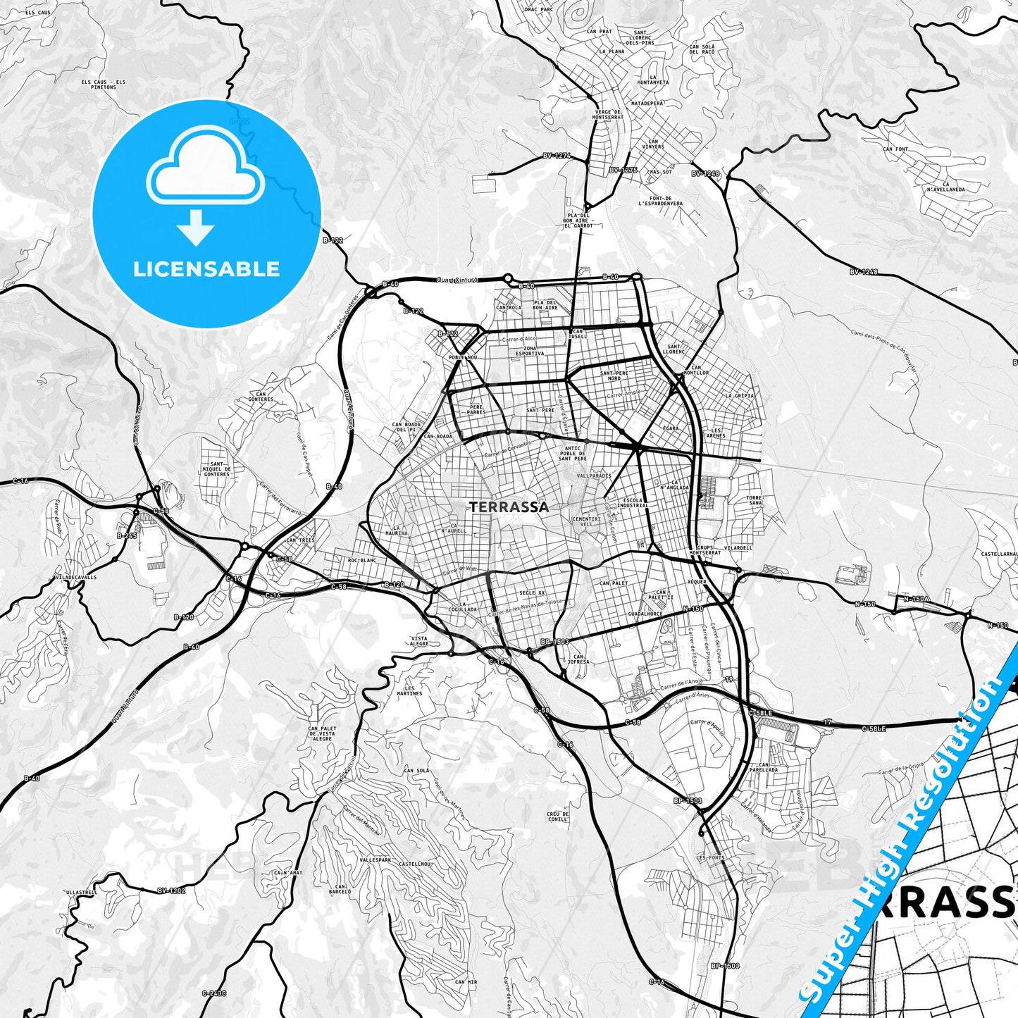 Terrassa, Spain Light Map with Street Names, City Names, and Districts