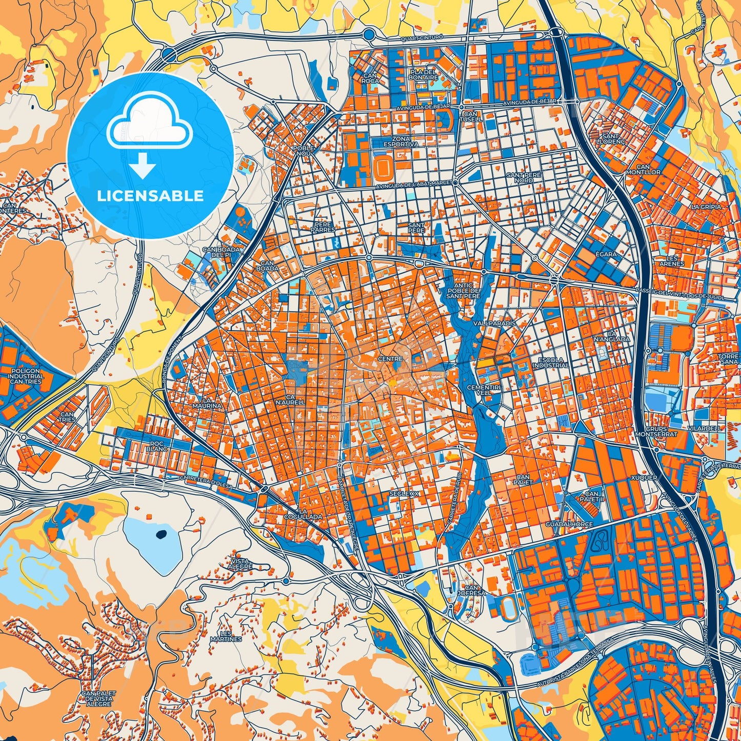 Colorful Terrassa Street Map with Labels and Buildings