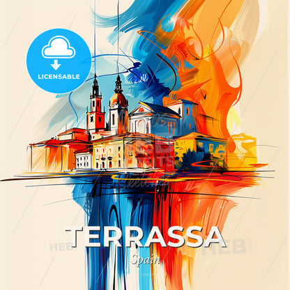 Vibrant Terrassa, Spain - A Painting Of A Building With A Fire In The Background - Square format print template